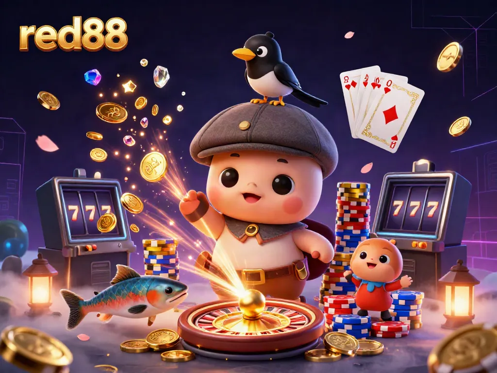 Experience the excitement of red88 as colorful characters enjoy dynamic casino games surrounded by gold coins and gems.