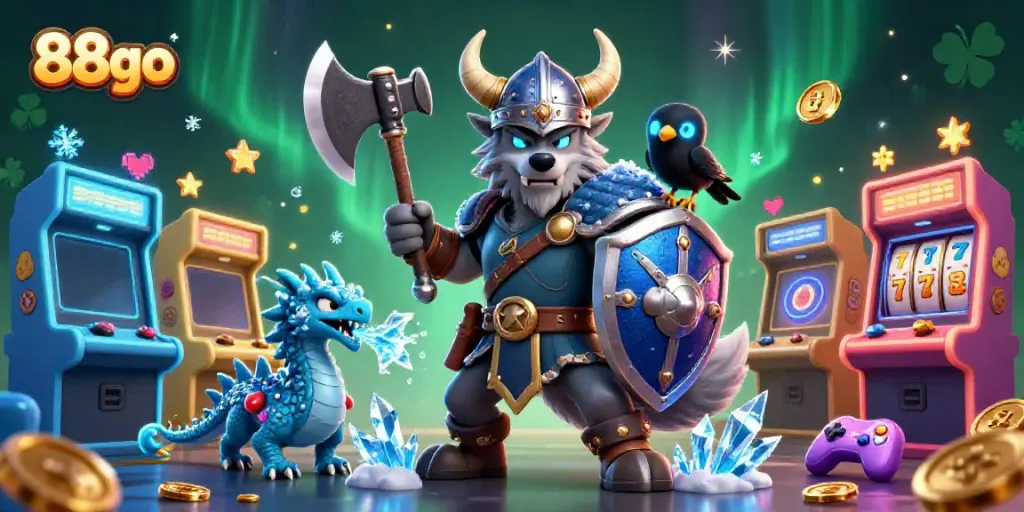 Experience the vibrant action of 88go with a Viking wolf warrior and a fierce dragon in a 3D casino adventure.