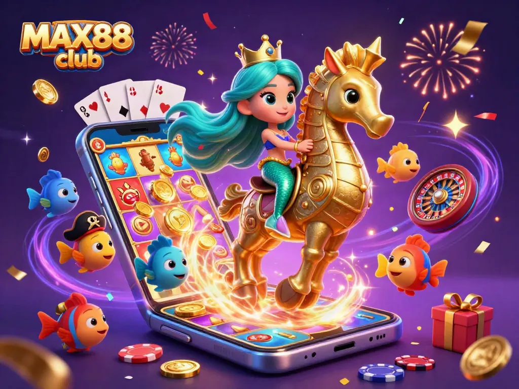 Engage with the MAX88 club featuring vibrant 3D characters in a dynamic casino scene, showcasing a mermaid princess and colorful fish.