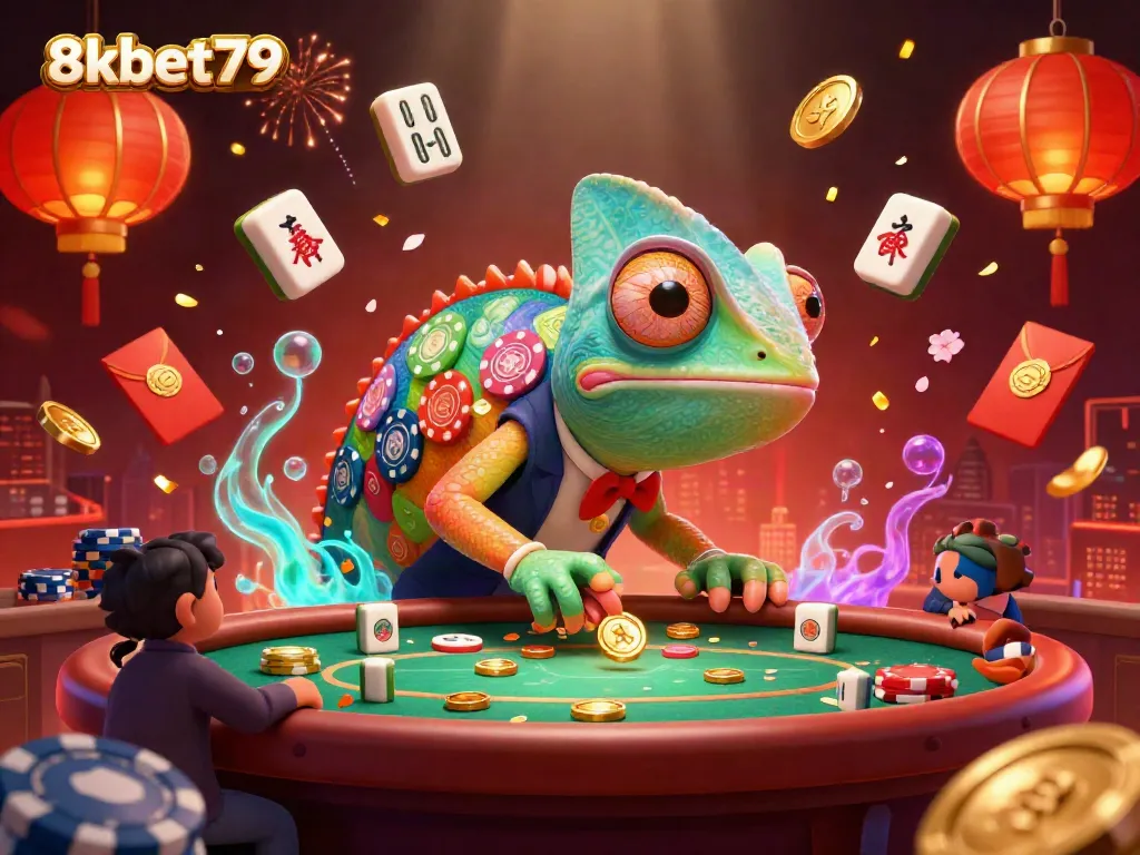 Engage with the vibrant 8xbet79 casino scene featuring a chameleon owner, vibrant game elements, and dynamic lighting.