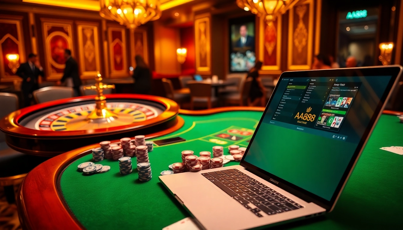 Participe de jogabilidade emocionante no luxuoso cassino da AA888, com elementos de jogo vibrantes.