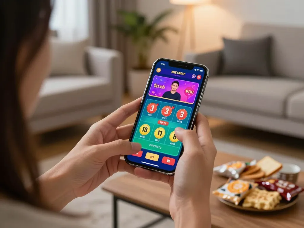 Engaging in tài xỉu online through a smartphone app in a cozy living room environment.
