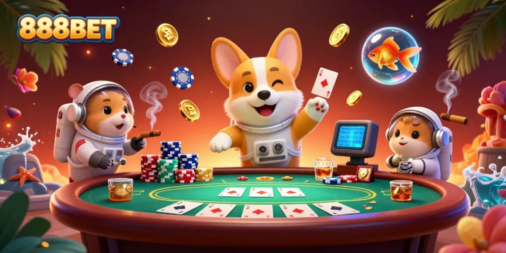 Experience excitement with 888BET as a corgi astronaut plays in a space casino full of drifting poker chips.