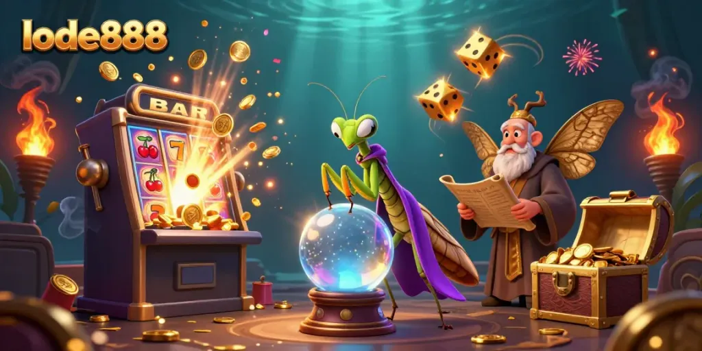 Experience the excitement of lode888 with a dynamic scene of fortune tellers and a jackpot explosion.