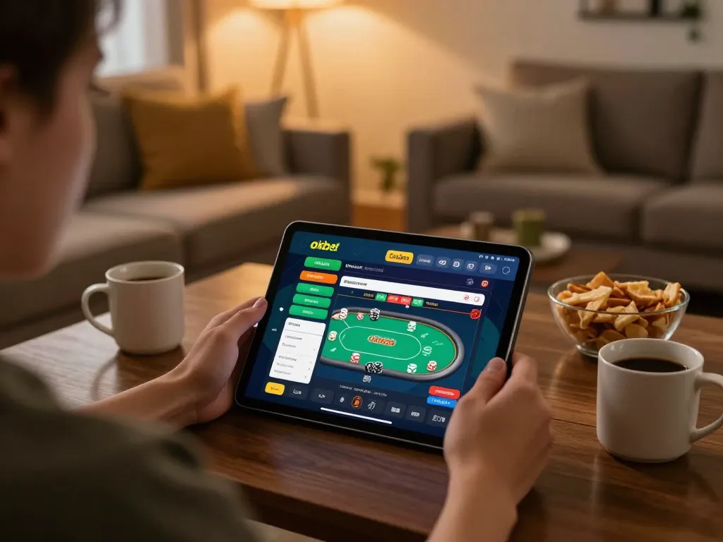 Engaging with the oxbet casino app on a tablet for online poker in a cozy home setting.