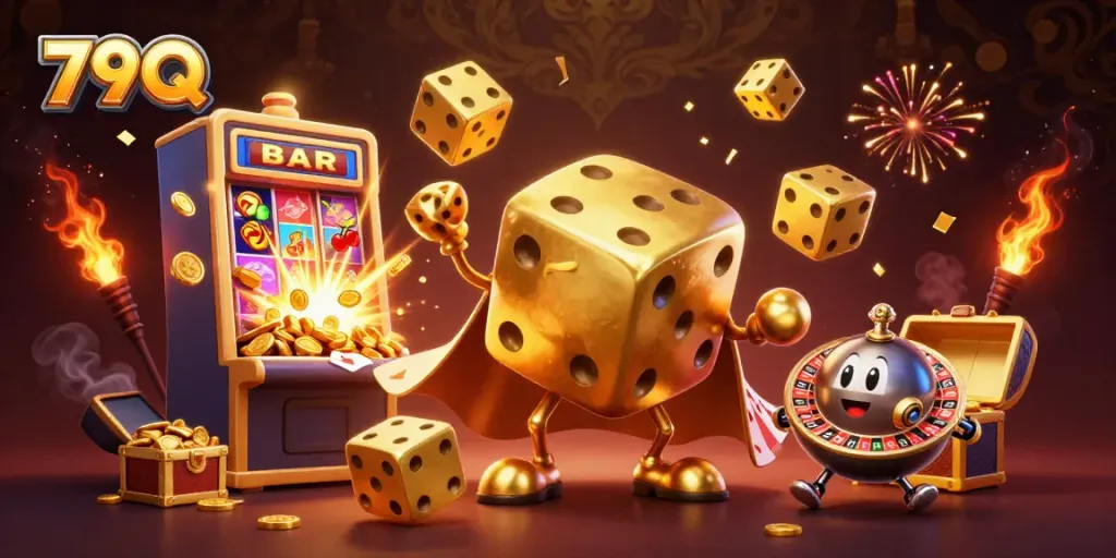 Engage with 79Q's vibrant casino experience featuring a dynamic golden dice golem, slot machine jackpots, and stunning visuals.