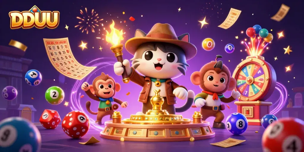 Engage with DDUU, a thrilling online gambling experience encapsulated in vibrant casino artifacts and lottery action.