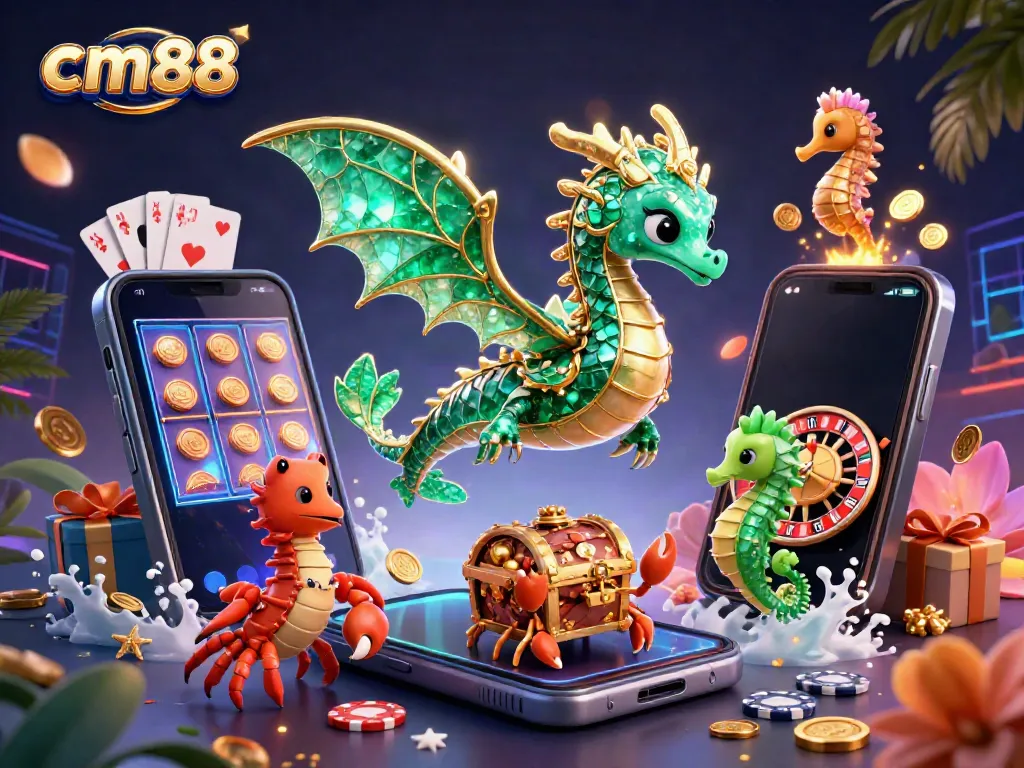 Experience excitement at cm88 with a dazzling sea dragon, treasure chest, and slot game scene.