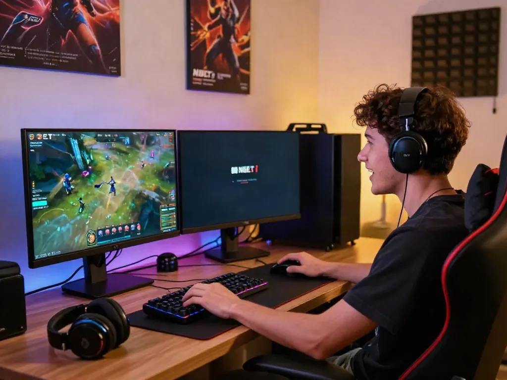 Player enjoying thrilling gaming experience on NBET platform with vibrant graphics and gaming setup.