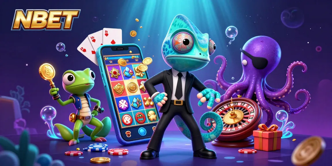 Experience winning moments with NBET in this vibrant 3D slot-themed illustration featuring a chameleon agent.