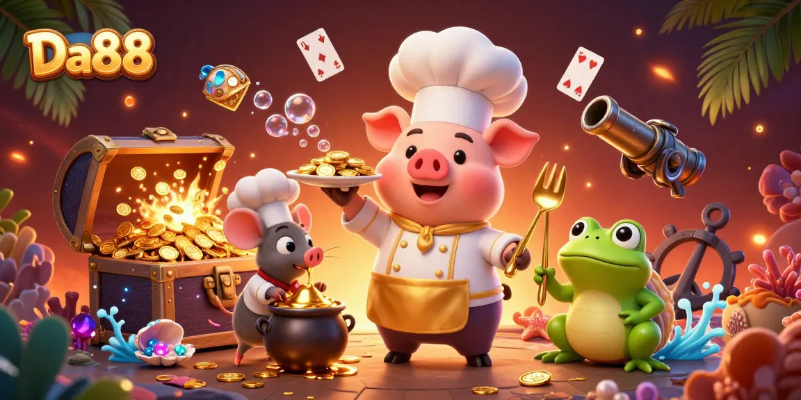 Win rich rewards at Da88 with an engaging casino illustration featuring a chef pig and gold treasures.