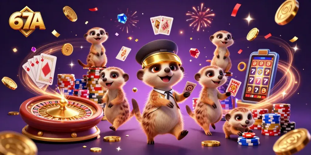 Experience thrilling gameplay at 67A as meerkats hustle in a vibrant casino scene.