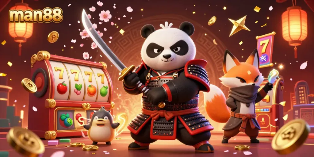 Experience thrilling gambling at man88 with samurai panda and magical gaming elements.