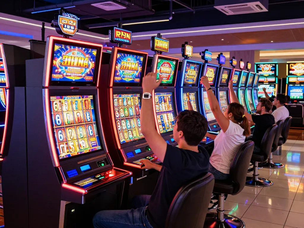 Engaged players celebrating wins at slot machines, showcasing va88 gaming excitement