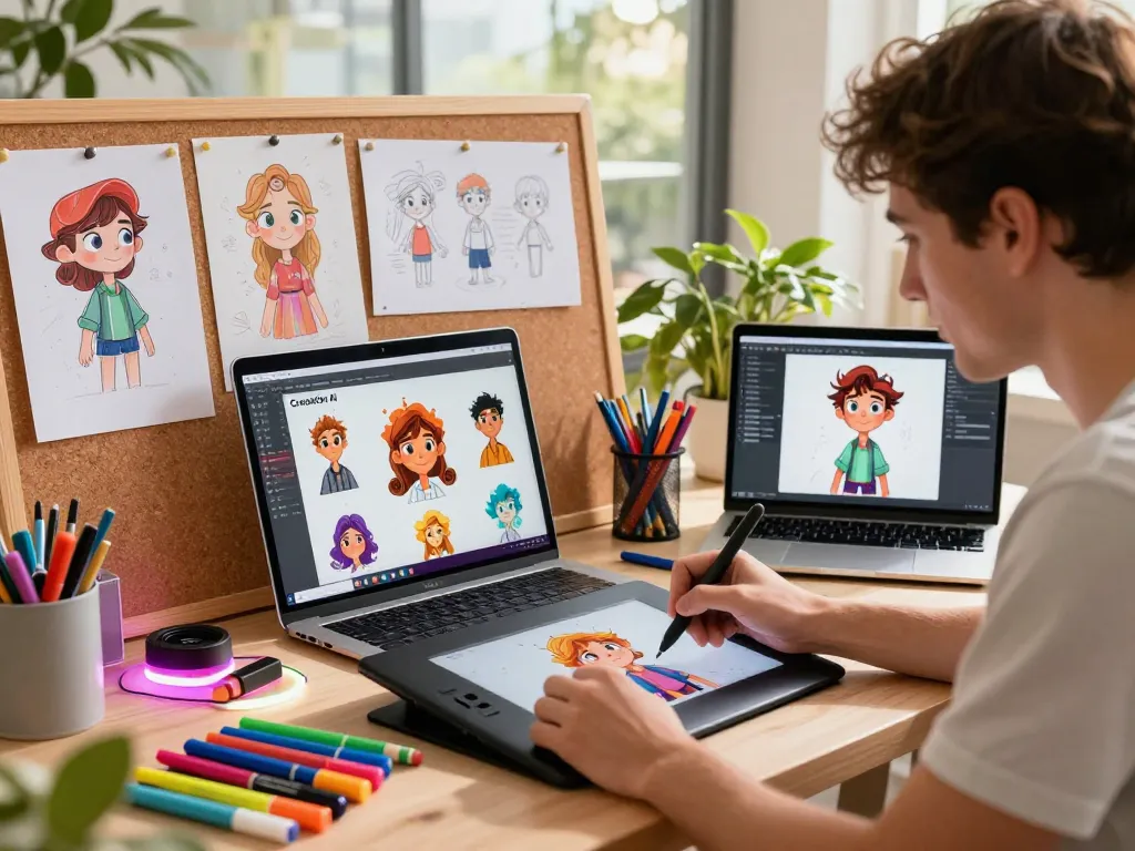 Creating unique characters with Crush on AI in a vibrant digital workspace.