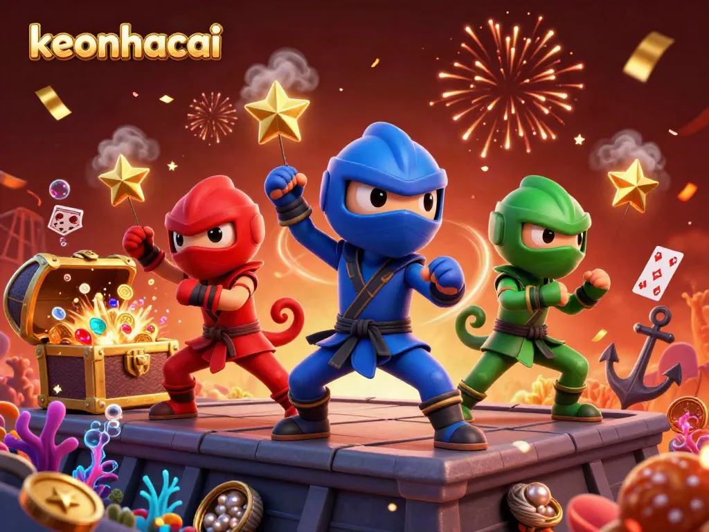Keonhacai chameleons showcasing synchronized martial arts with casino elements in a vibrant 3D illustration.