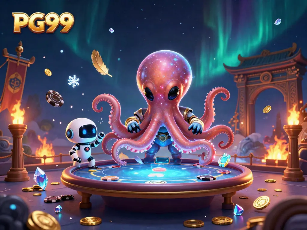 Engage with PG99 at a vibrant, cosmic poker table with alien characters and stunning visuals.