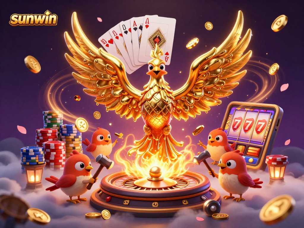 Engage with stunning sunwin gaming graphics featuring a molten golden phoenix amidst dynamic casino elements.