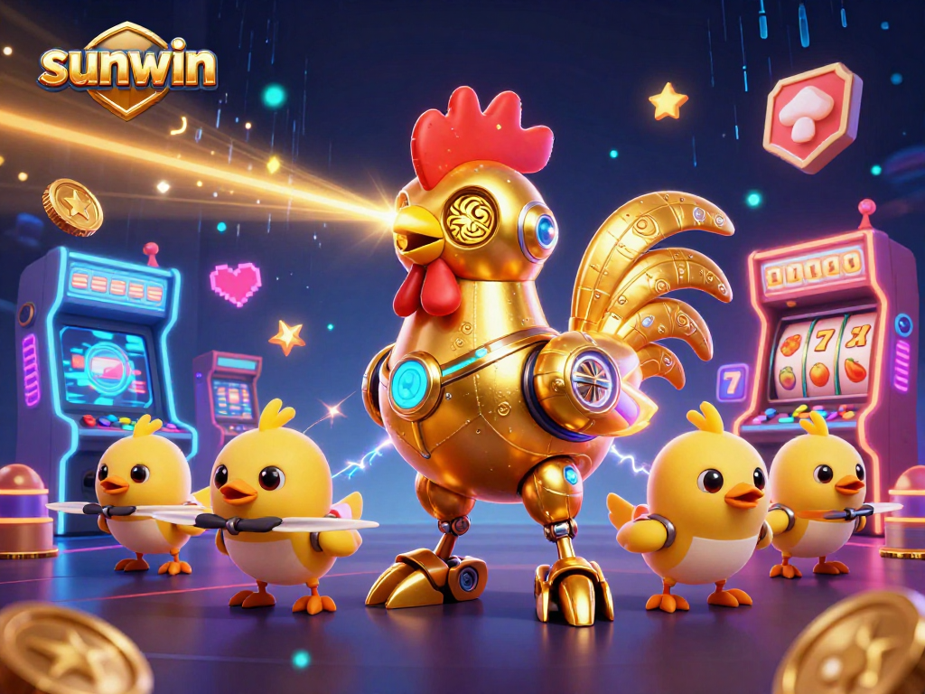Experience thrilling moments with sunwin, featuring a golden rooster robot at a vibrant casino.
