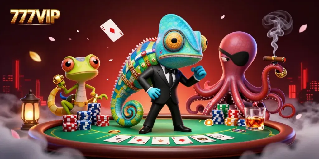 Experience the excitement of 777VIP with a dynamic scene featuring poker elements and engaging characters.