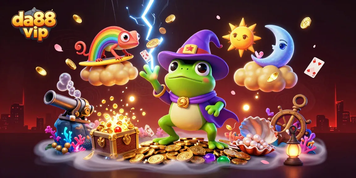 Win big with da88 vip as the weather wizard frog conjures golden coins in an exciting casino scene.