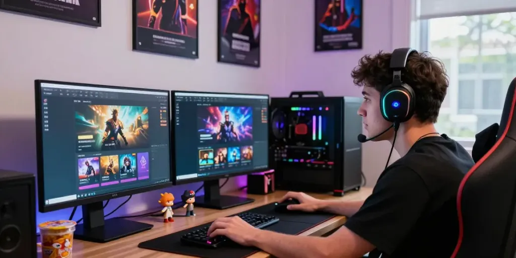 Engaged gamer at a computer setup with vibrant games from https://man88.hair/ and gaming paraphernalia.