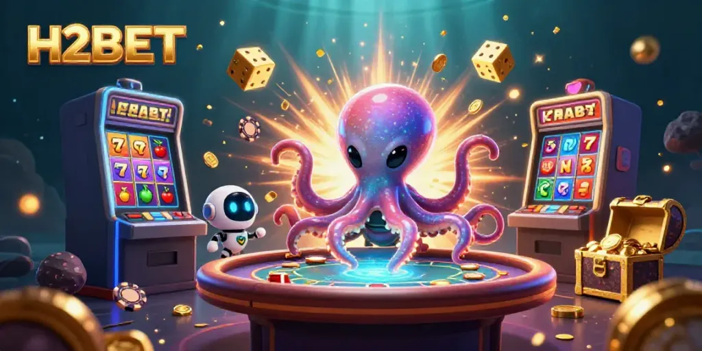 H2BET showcases a vibrant 3D scene of an alien octopus at a holographic poker table, capturing dynamic casino excitement.