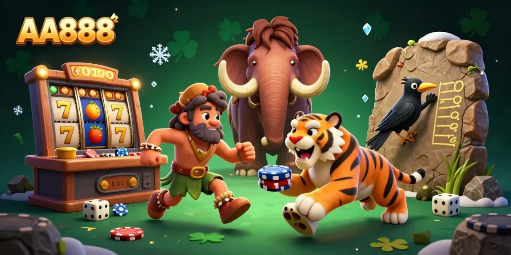 Experience thrilling gaming action at AA888 with a lively prehistoric casino scene featuring cartoon characters and jackpot elements.