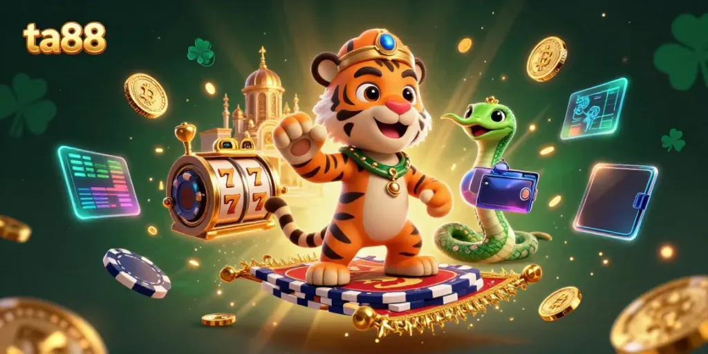 Experience exciting slots action with ta88 featuring a tiger sultan on a flying carpet amidst jackpot reels and gold coins.