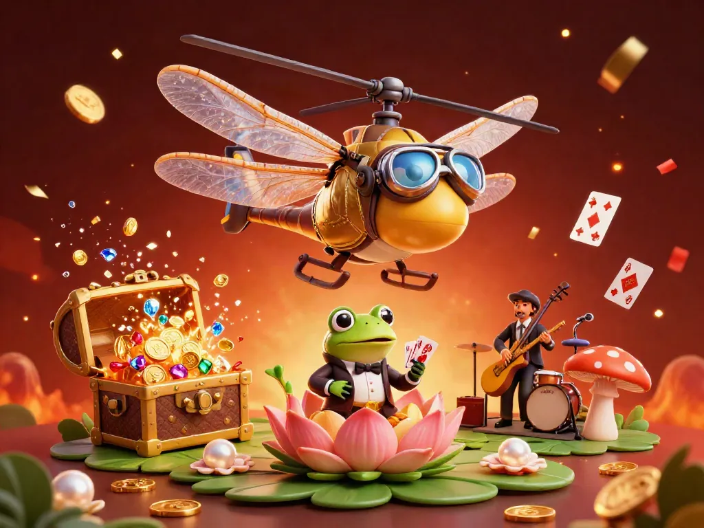 Engaging scene portraying nhà cái go99 with a dragonfly pilot and frog croupier in a vibrant lily pad casino.