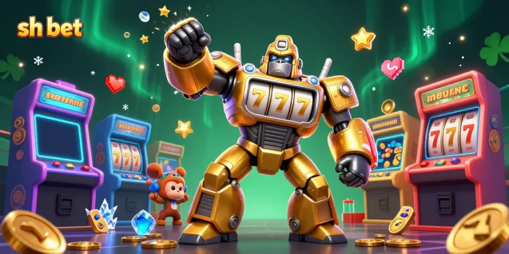 Experience sh bet with a golden mech gorilla and vibrant casino elements exploding in action.