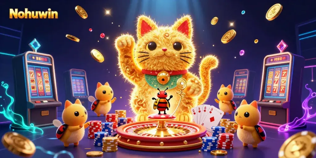 Nohuwin slots come alive with a golden lucky cat and shimmering casino elements in a dazzling 3D illustration.