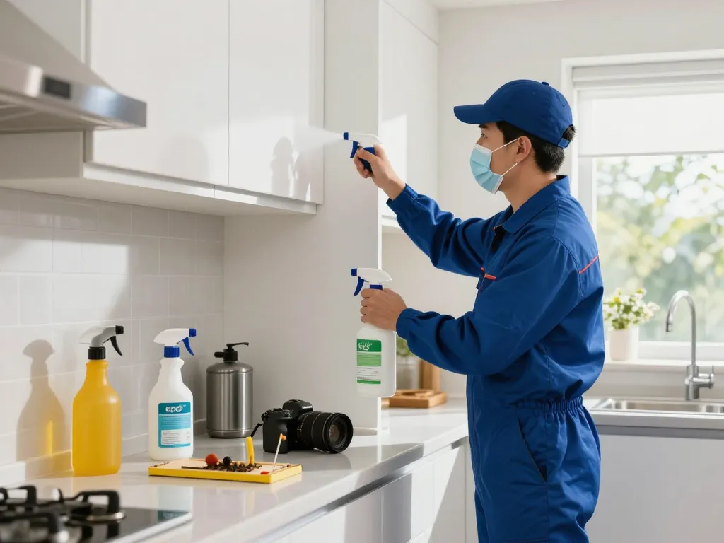 Dedetizadora technician applying eco-friendly pest control solutions in a clean residential kitchen