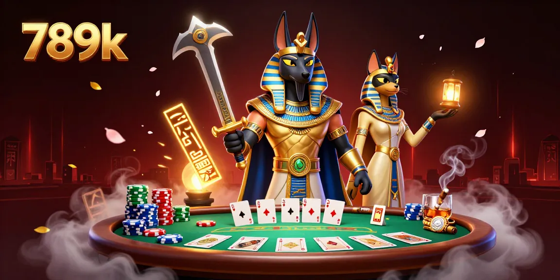 Experience the excitement of 789k with Anubis in golden armor at a vibrant poker scene.