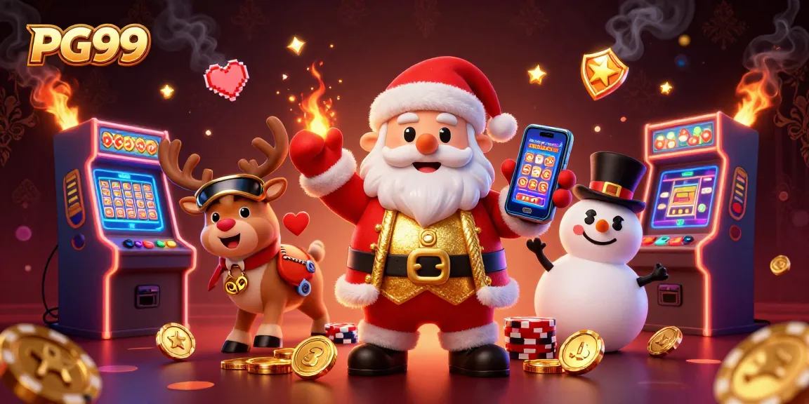 Engage with PG99's exciting gaming world with Santa and friends celebrating jackpots.