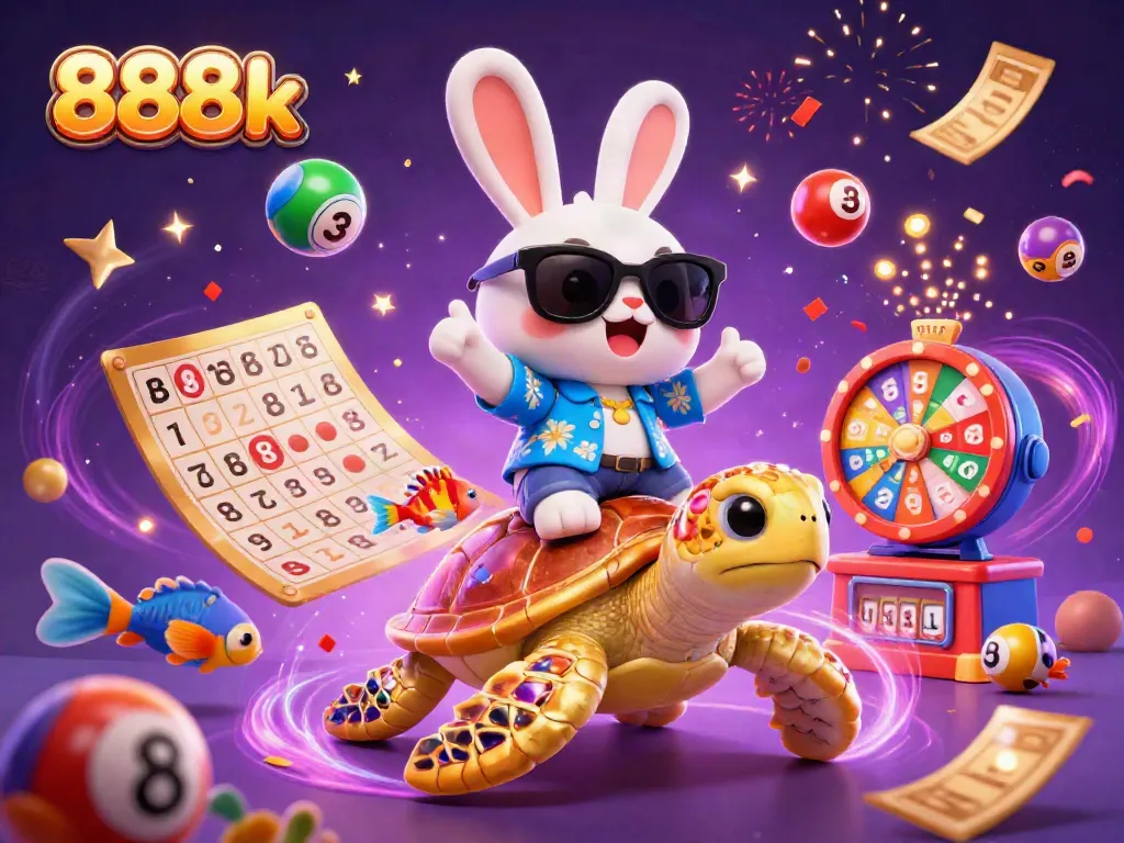 Experience thrilling gaming with 888k, featuring a lucky rabbit and golden turtle in a vibrant casino scene.