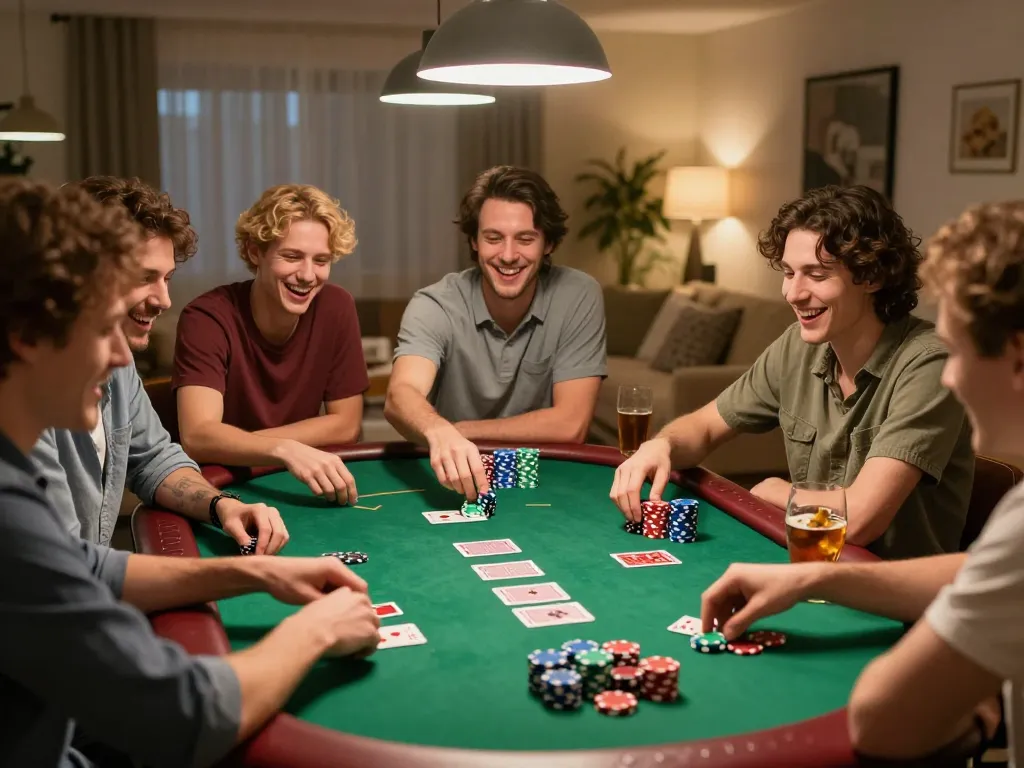Friends enjoying a poker night at home with AA888, betting chips and cards visible.