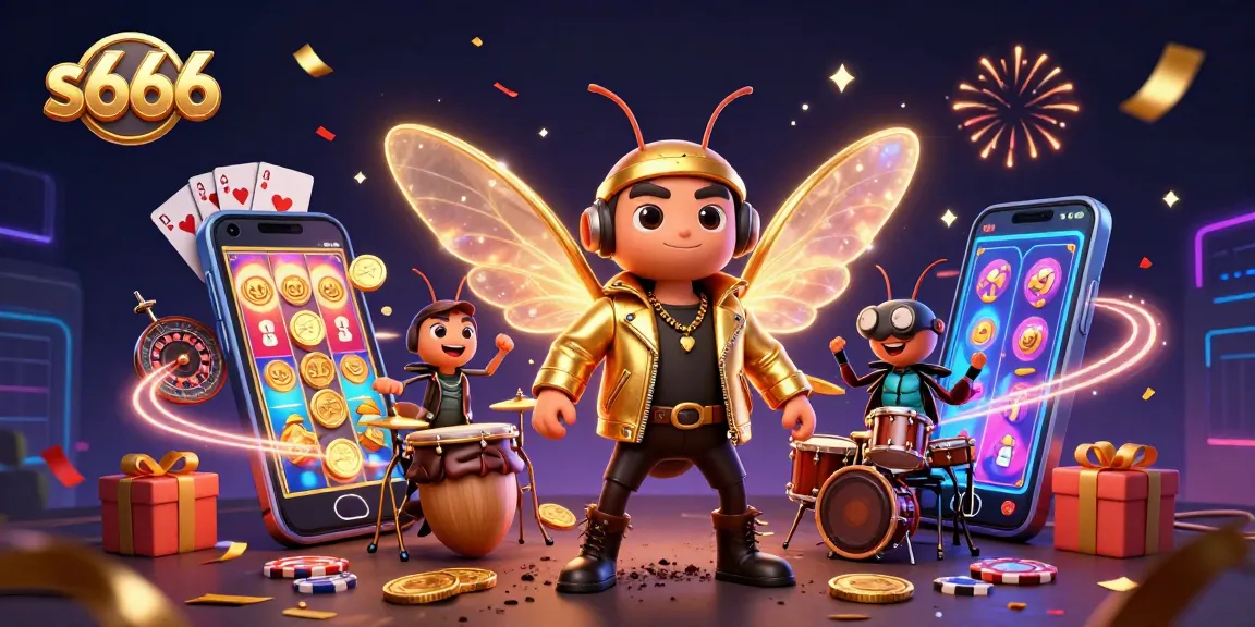 S666 online casino featuring a rock star cicada, vibrant slot games, and dynamic energy amidst festive elements.