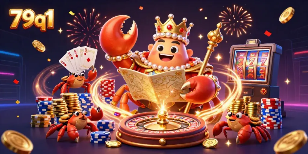 Experience thrilling adventures with 79q1 casino's golden crab emperor leading a treasure hunt in a vibrant 3D scene.