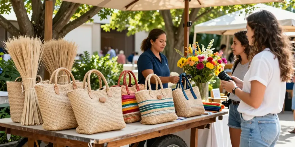 Artisan selling beautifully crafted raffia naturel bags at an outdoor market.