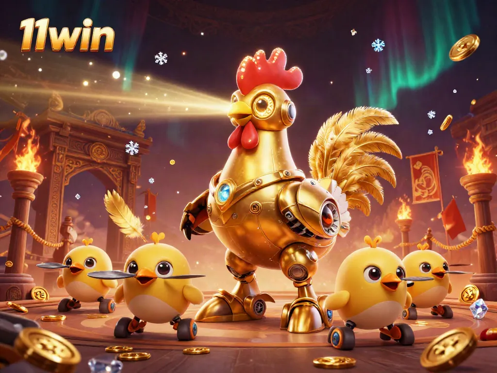 Engage in thrilling activities at 11win's casino, featuring a vibrant 3D illustration with dynamic elements.