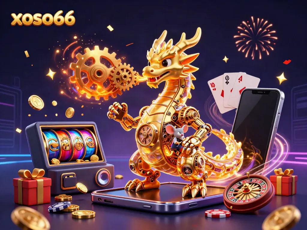 Experience the thrill of xoso66 with a vibrant scene featuring a golden dragon and gaming elements.
