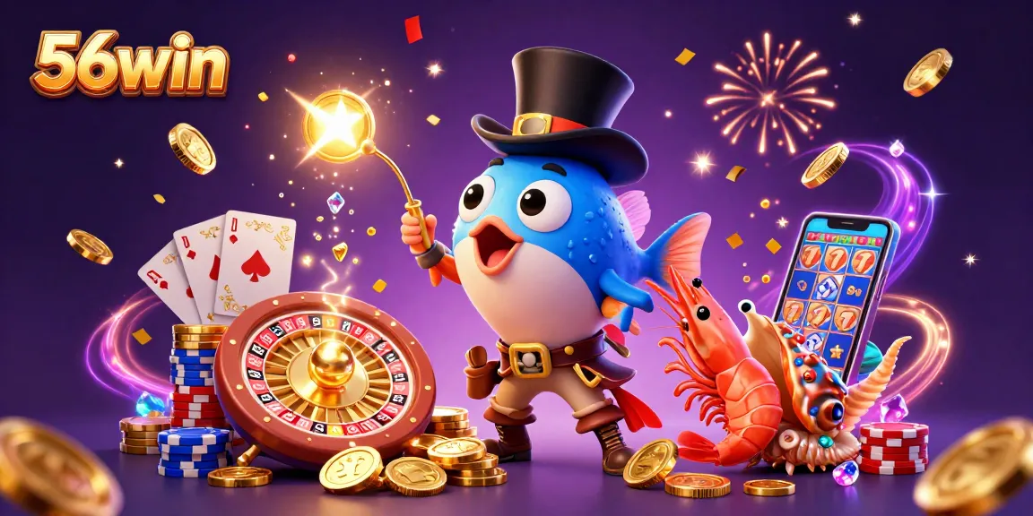 Engage in thrilling wins with 56win's dynamic underwater casino adventure featuring vibrant characters and gold coins.