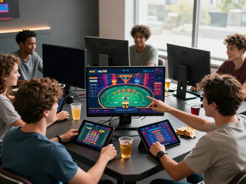 Friends enjoying an exciting sky88 gaming session with diverse devices and casino graphics.