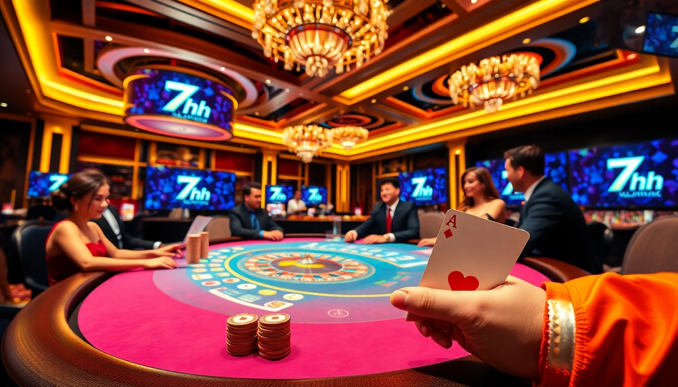 Players at a luxurious casino enjoying a winning hand at the 7hh poker table.