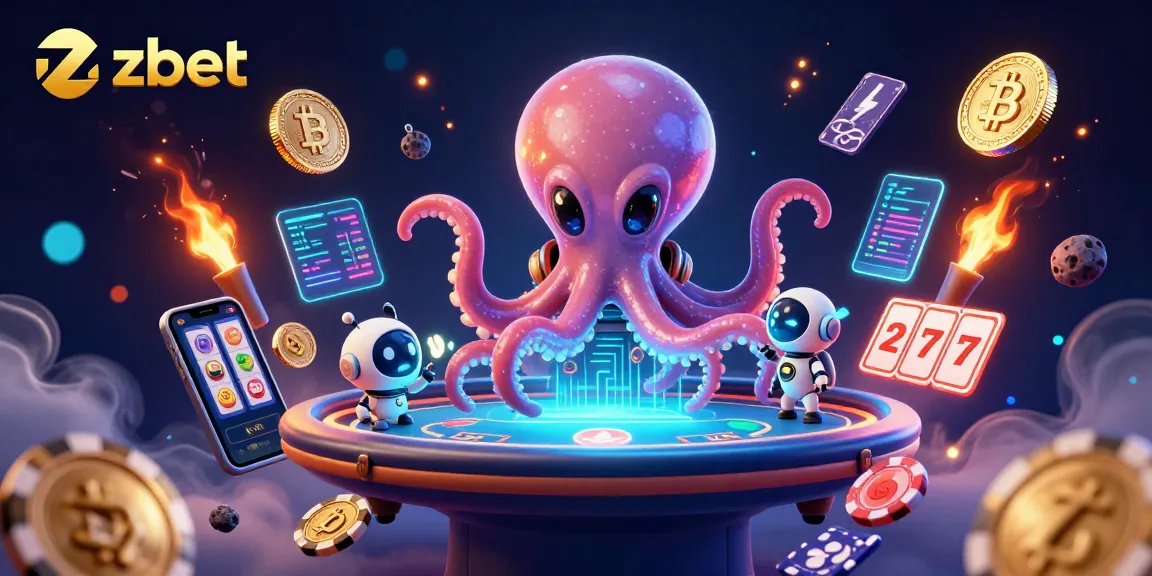Experience thrilling poker action with zbet's alien octopus dealer surrounded by crypto elements.