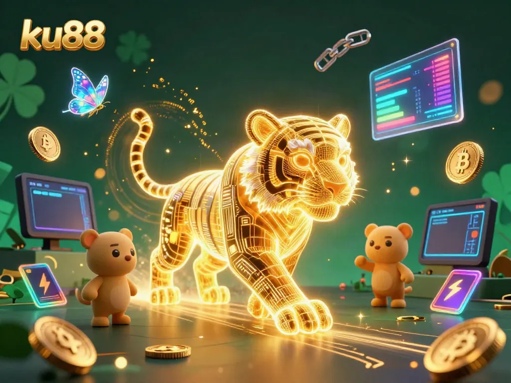 Engage with ku88's vibrant digital casino scene featuring an energetic golden tiger amidst crypto elements.