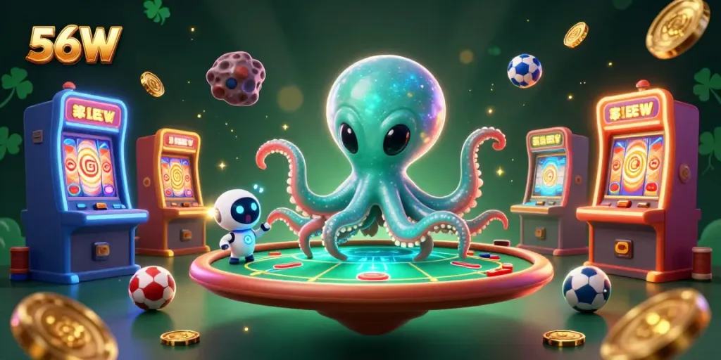Engage in thrilling games at 56W with an animated alien octopus hosting a poker game