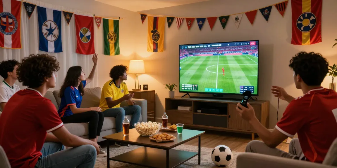 Live streaming bola gratis scene with friends enjoying a football match in a cozy living room.