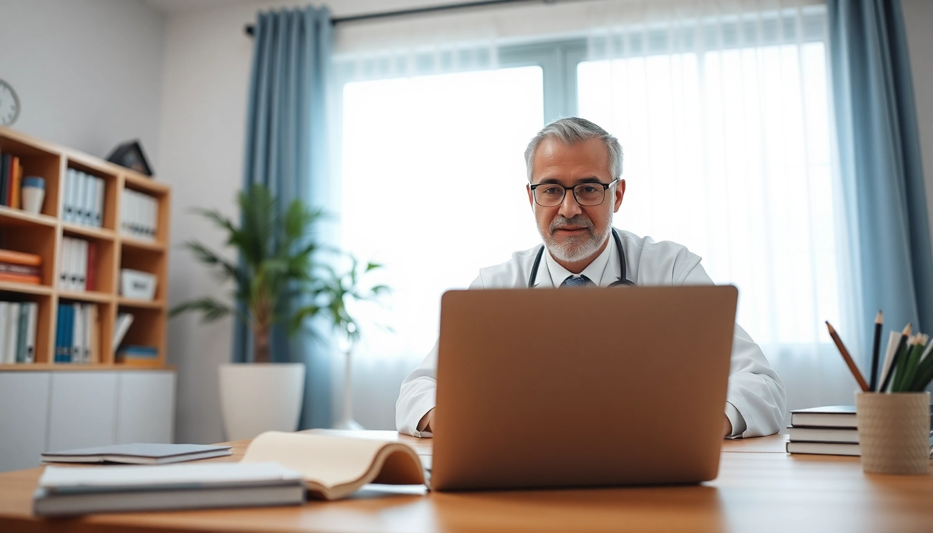 Connect and talk to a doctor online without appointment in a home office video consultation.